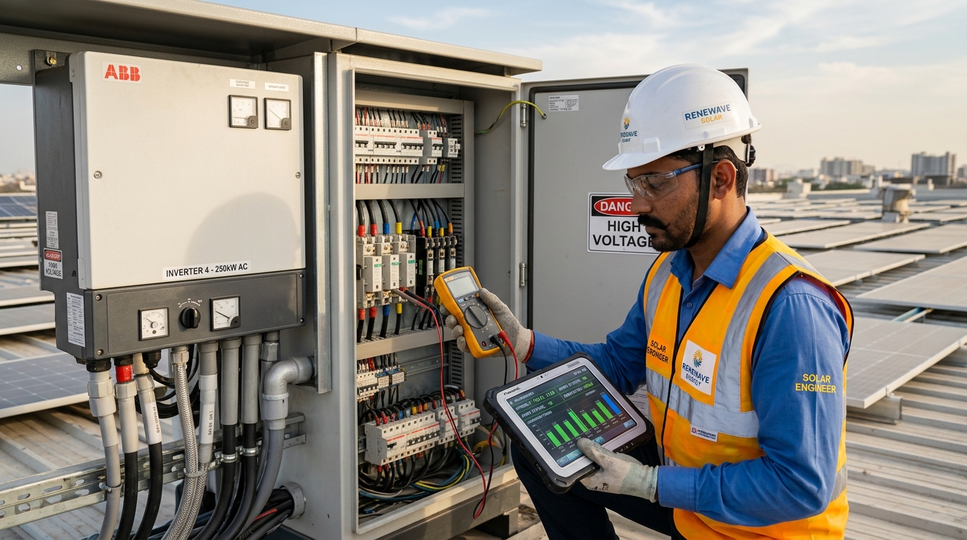 Skycom Solar Engineer Inspecting Inverter and Protection Systems